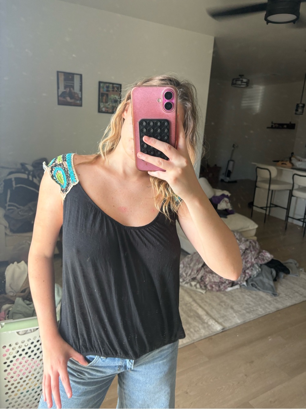 h.i.p. Black Tank Top with Beaded Multicolor Shoulder Accent